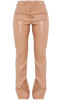 Sale PrettyLittleThing Faux Leather Tie Front Low Rise Flared Pants Stone
