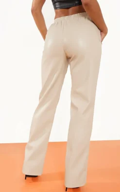 Stone Faux Leather Tie Waist Seam Front Wide Leg Pants