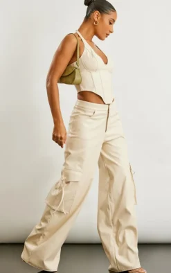 Online PrettyLittleThing Faux Leather Wide Leg Cargo Pants Stone