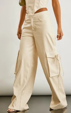 Online PrettyLittleThing Faux Leather Wide Leg Cargo Pants Stone