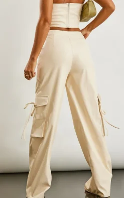 Online PrettyLittleThing Faux Leather Wide Leg Cargo Pants Stone