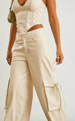 Online PrettyLittleThing Faux Leather Wide Leg Cargo Pants Stone
