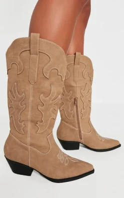 PrettyLittleThing Knee High Boots*Faux Suede Point Toe Low Block Heel Stitched Western Boots