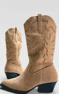 PrettyLittleThing Knee High Boots*Faux Suede Point Toe Low Block Heel Stitched Western Boots