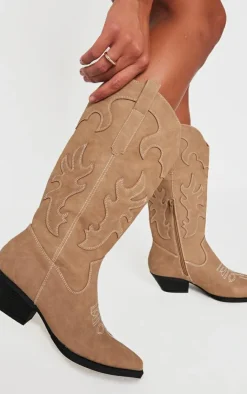 PrettyLittleThing Knee High Boots*Faux Suede Point Toe Low Block Heel Stitched Western Boots