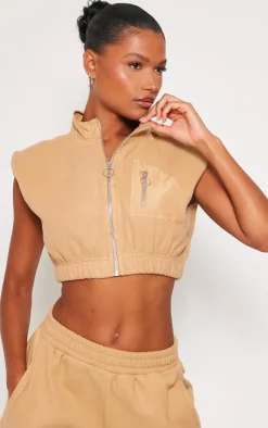 Best PrettyLittleThing Fleece Contrast Pocket Cropped Vest Stone