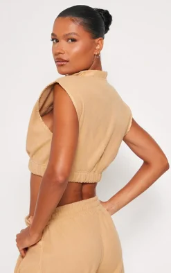 Best PrettyLittleThing Fleece Contrast Pocket Cropped Vest Stone