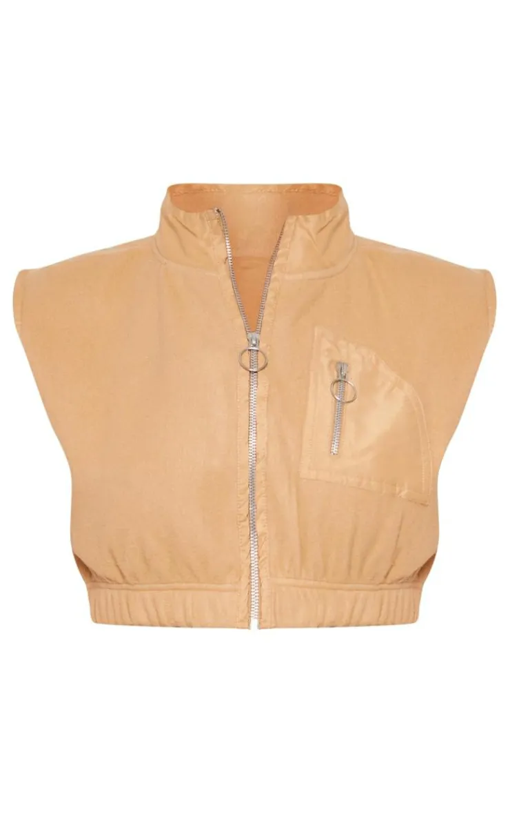 Best PrettyLittleThing Fleece Contrast Pocket Cropped Vest Stone