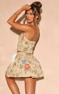 Best PrettyLittleThing Floral Denim Ribbon Detail Corset Top Stone