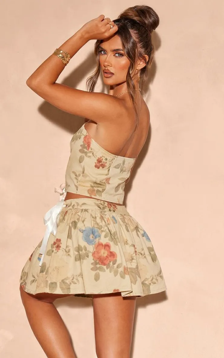 Best PrettyLittleThing Floral Denim Ribbon Detail Corset Top Stone