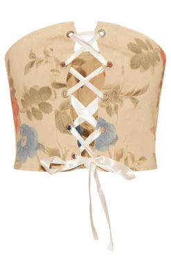 Best PrettyLittleThing Floral Denim Ribbon Detail Corset Top Stone