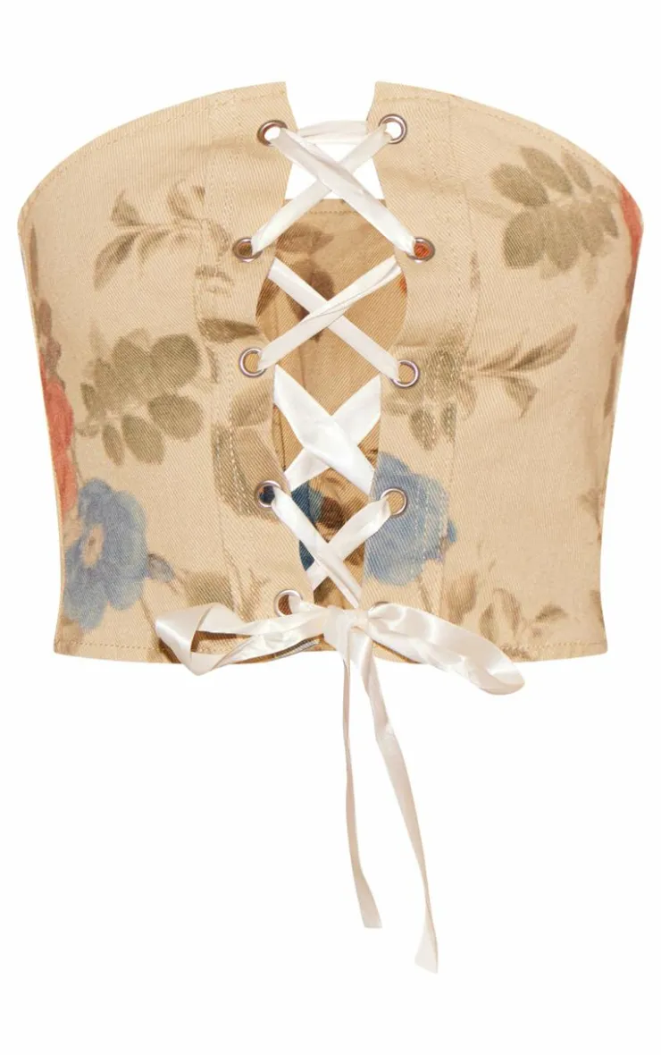 Best PrettyLittleThing Floral Denim Ribbon Detail Corset Top Stone
