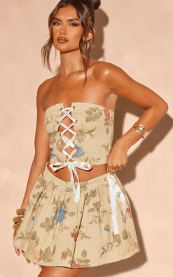 Outlet PrettyLittleThing Floral Print Floaty Denim Skirt With Ribbon Detail Stone