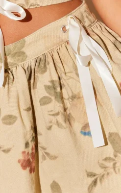 Outlet PrettyLittleThing Floral Print Floaty Denim Skirt With Ribbon Detail Stone
