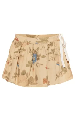 Outlet PrettyLittleThing Floral Print Floaty Denim Skirt With Ribbon Detail Stone