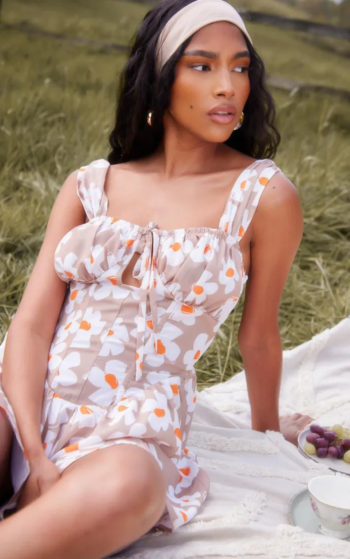 Stone Floral Print Woven Boning Detail Tie Bust Romper