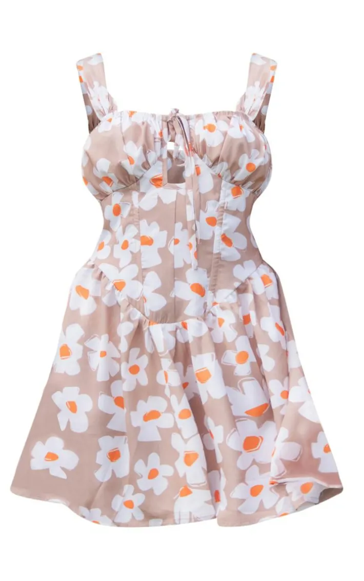 Stone Floral Print Woven Boning Detail Tie Bust Romper