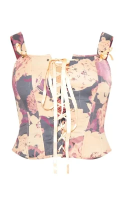 PrettyLittleThing Corsets*Floral Print Woven Structured Lace Up Corset Crop Top