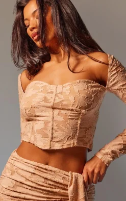 Online PrettyLittleThing Floral Sheer Burnout Long Sleeve Sweetheart Long Sleeve Top Stone