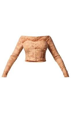 Online PrettyLittleThing Floral Sheer Burnout Long Sleeve Sweetheart Long Sleeve Top Stone