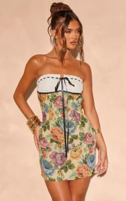 Floral Twill Contrast Bandeau Bodycon Dress-PrettyLittleThing Outlet
