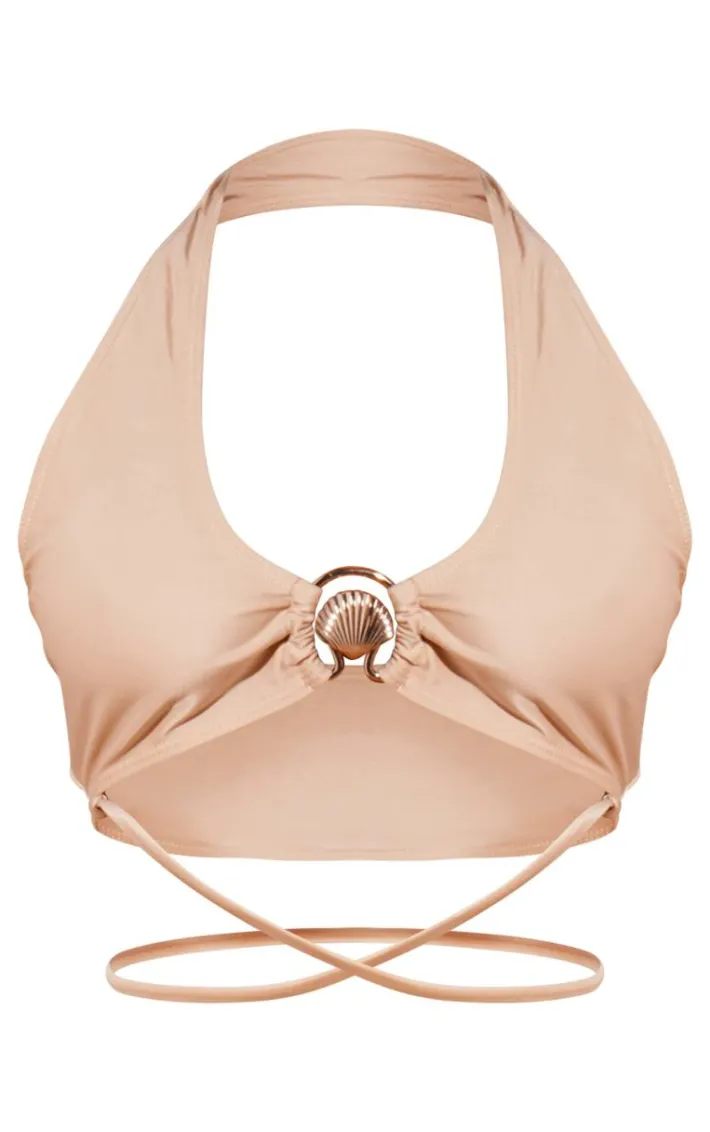 Stone Halter Neck Shell Trim Bikini Top