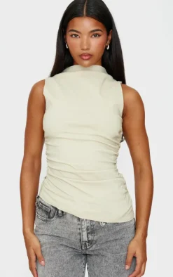 PrettyLittleThing Sleeveless Tops*High Neck Ruched Asymmetrical Long Top