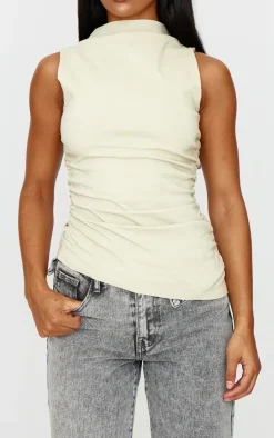 PrettyLittleThing Sleeveless Tops*High Neck Ruched Asymmetrical Long Top