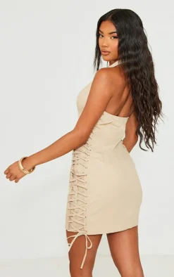 Lace Up Side Zip Front Bodycon Dress-PrettyLittleThing