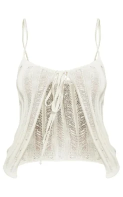 PrettyLittleThing Knitted Tops*Laddering Crochet Front Tie Strappy Top