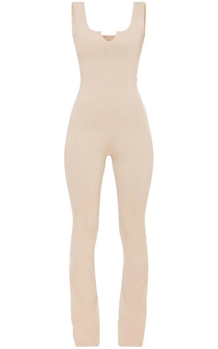Stone Lettuce Hem Rib Scoop Neck Jumpsuit