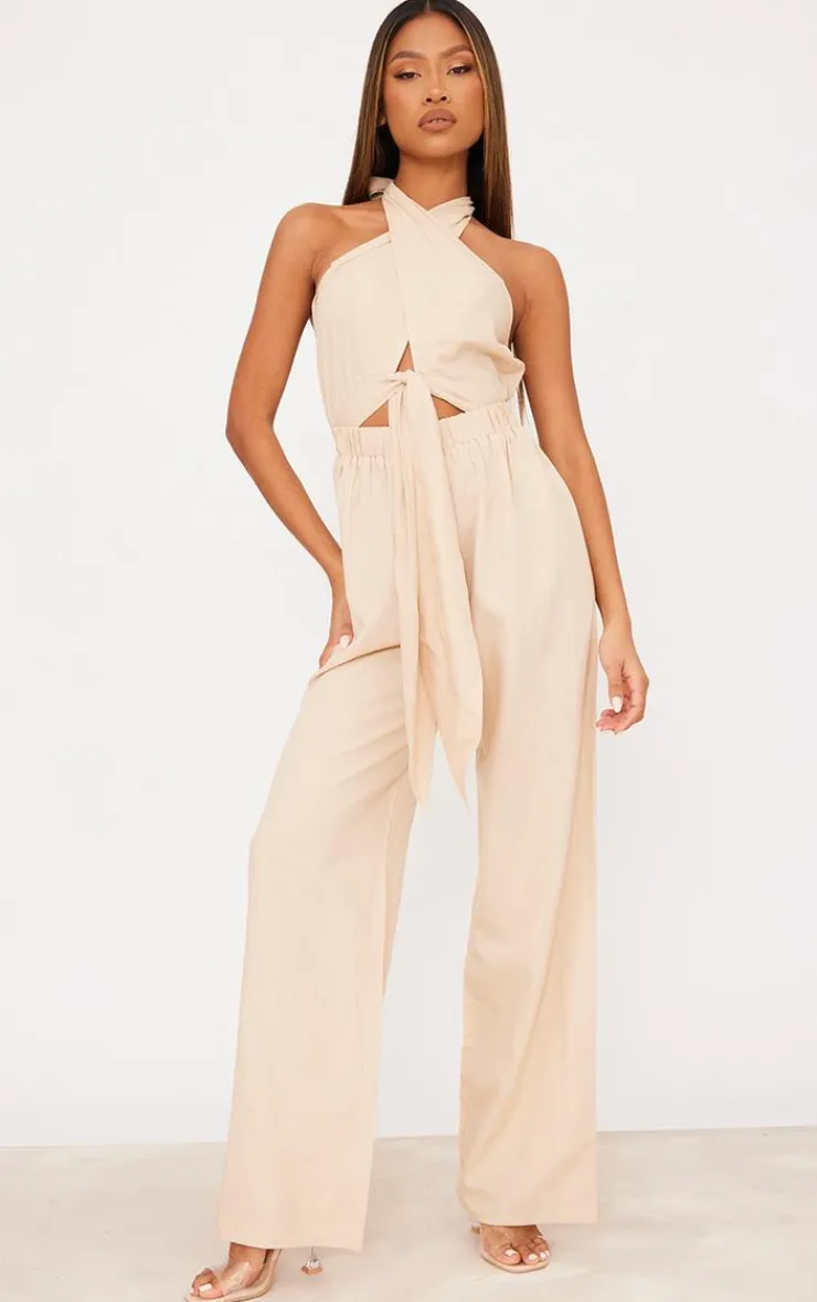Linen Cross Halter Detail Cut Out Jumpsuit-PrettyLittleThing New