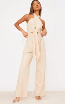Linen Cross Halter Detail Cut Out Jumpsuit-PrettyLittleThing New