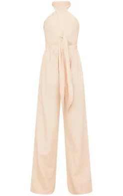 Linen Cross Halter Detail Cut Out Jumpsuit-PrettyLittleThing New