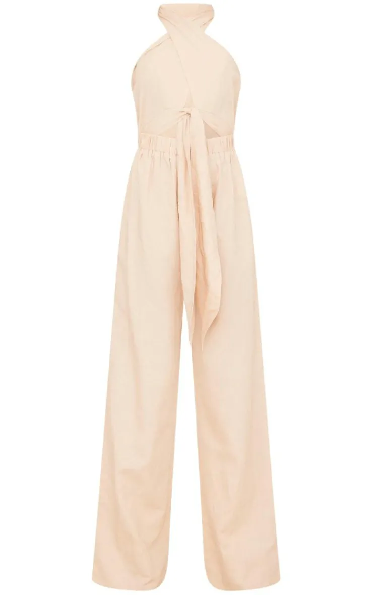 Linen Cross Halter Detail Cut Out Jumpsuit-PrettyLittleThing New