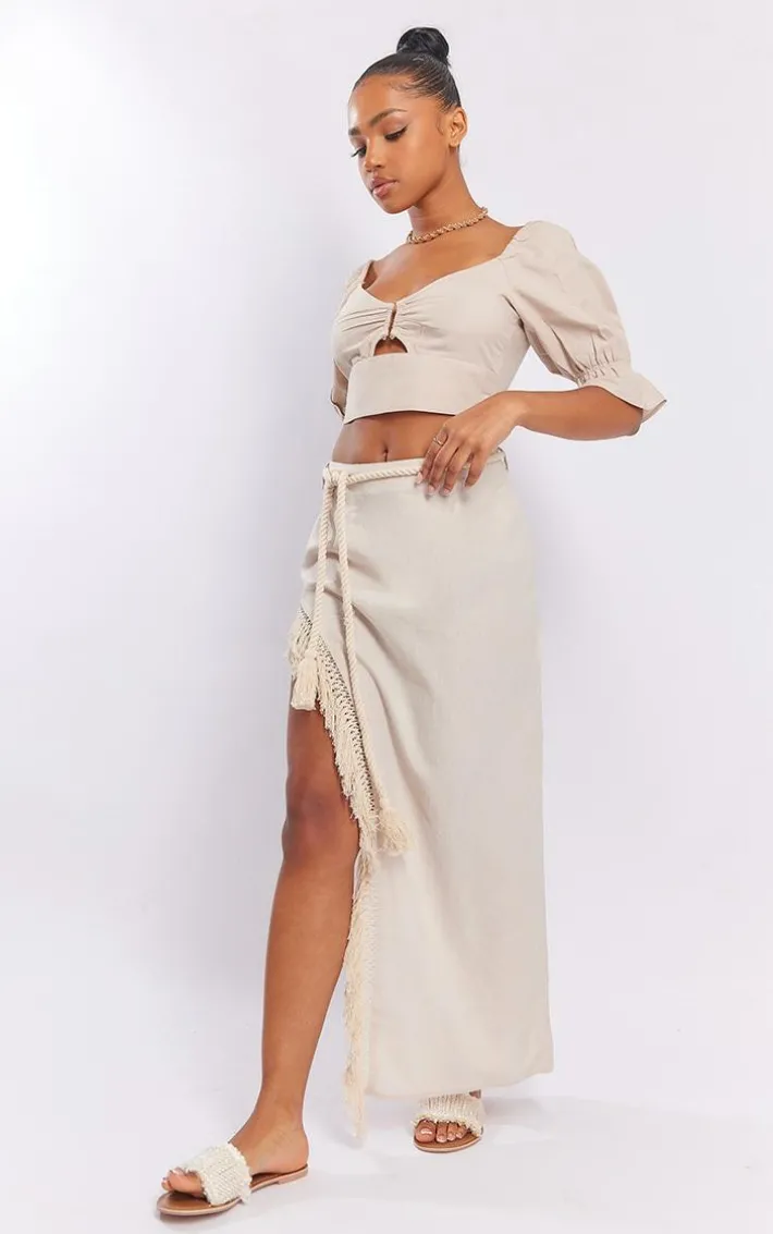 Stone Linen Look Bar Detail Puff Sleeve Crop Top