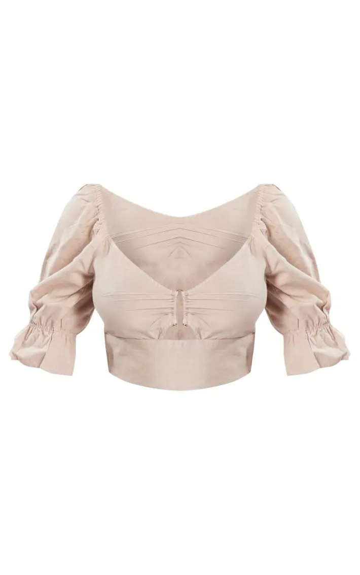 Stone Linen Look Bar Detail Puff Sleeve Crop Top