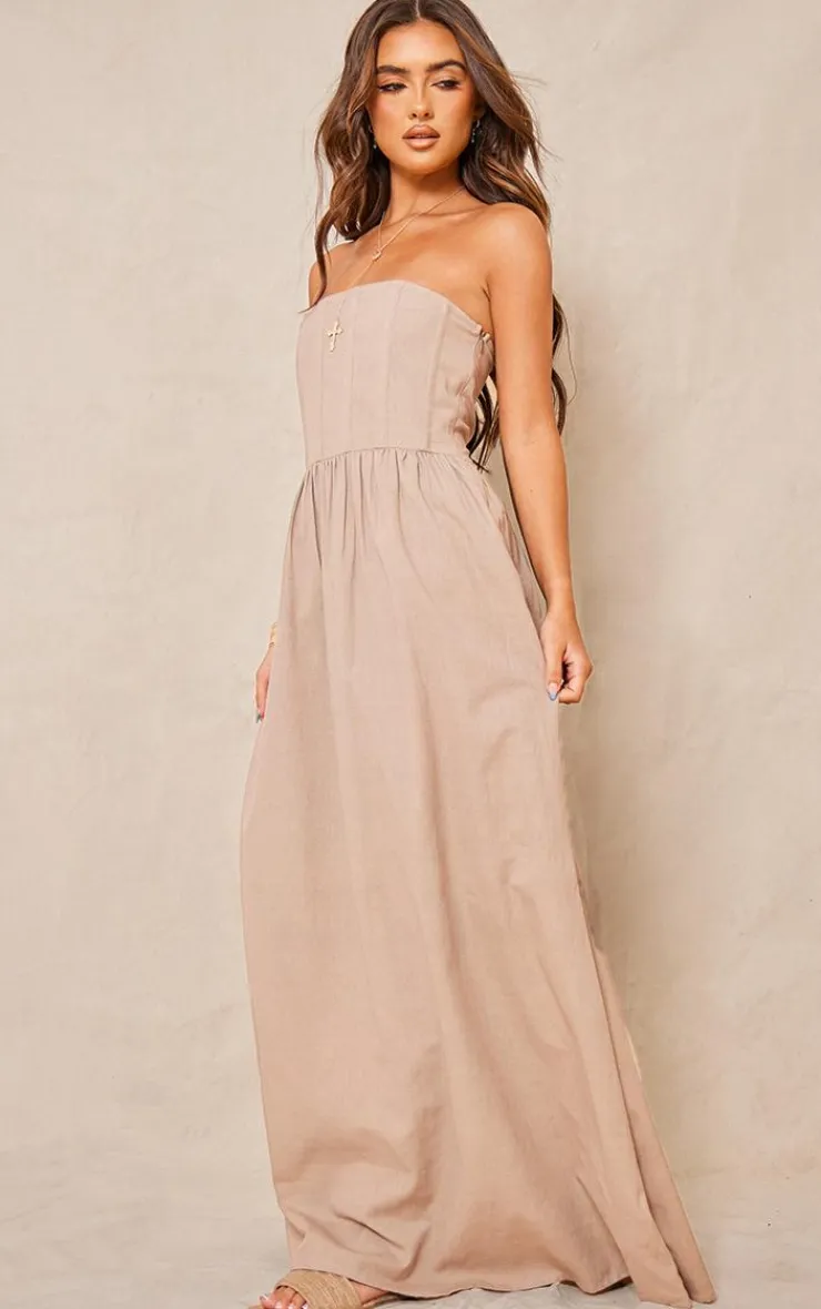 Linen Look Corset Bandeau Maxi Dress-PrettyLittleThing Clearance