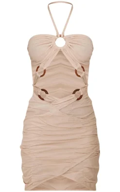 Linen Look Extreme Cut Out Ring Detail Bodycon Dress-PrettyLittleThing New