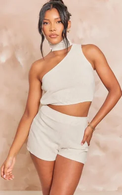PrettyLittleThing Linen Look One Shoulder Chocker Detail Crop Top Stone