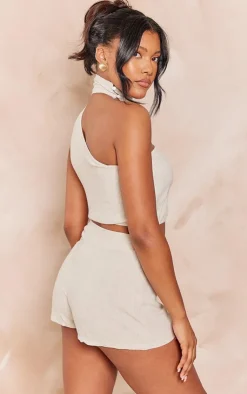 PrettyLittleThing Linen Look One Shoulder Chocker Detail Crop Top Stone