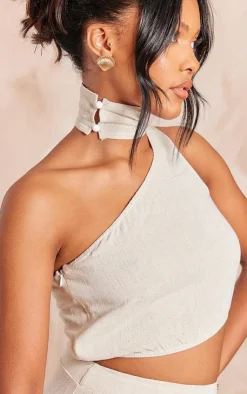 PrettyLittleThing Linen Look One Shoulder Chocker Detail Crop Top Stone