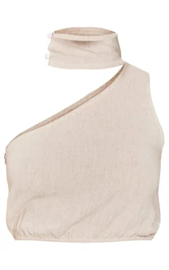 PrettyLittleThing Linen Look One Shoulder Chocker Detail Crop Top Stone