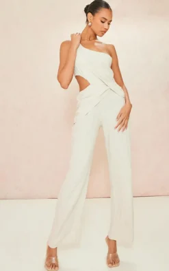 Stone Linen Look One Shoulder Twist Drape Detail Jumpsuit