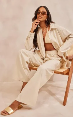 PrettyLittleThing Linen Look Oversized Button Up Shirt Stone