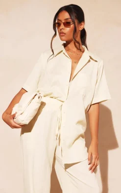 Discount PrettyLittleThing Linen Look Oversize Boxy Short Sleeve Shirt Stone