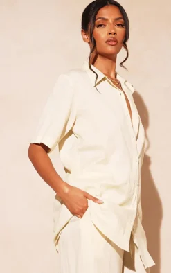 Discount PrettyLittleThing Linen Look Oversize Boxy Short Sleeve Shirt Stone
