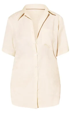 Discount PrettyLittleThing Linen Look Oversize Boxy Short Sleeve Shirt Stone