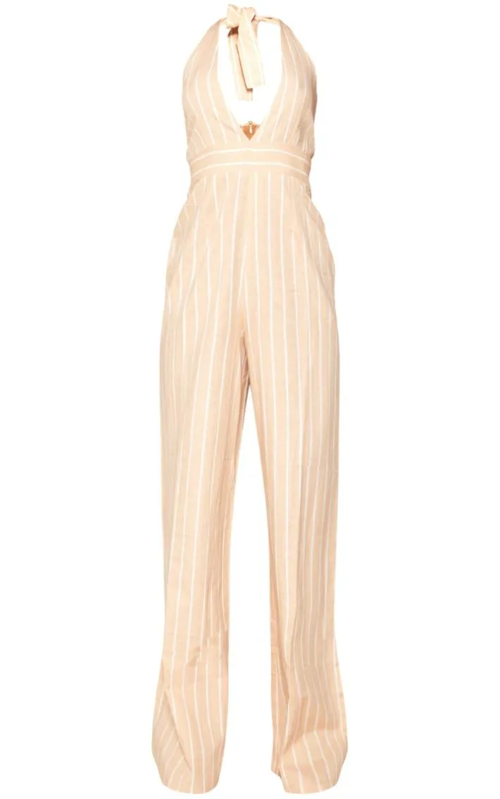 Stone Linen Look Pinstripe Plunge Halter Jumpsuit