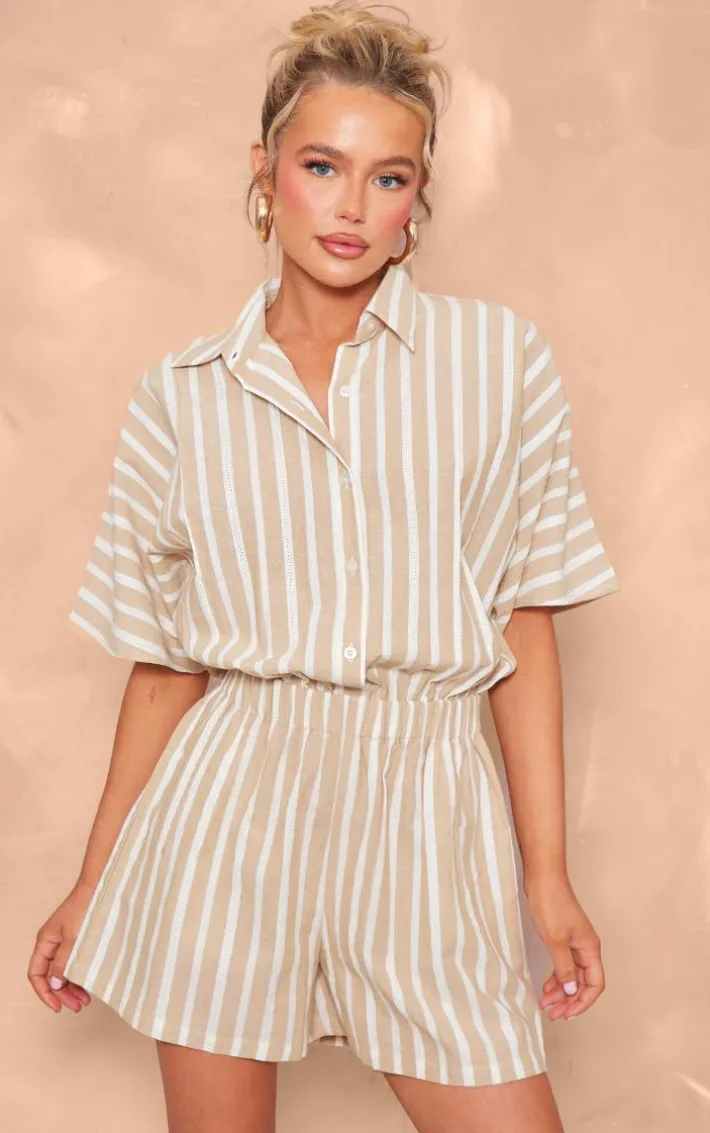Stone Linen Look Pinstripe Button Up Shirt Detail Romper